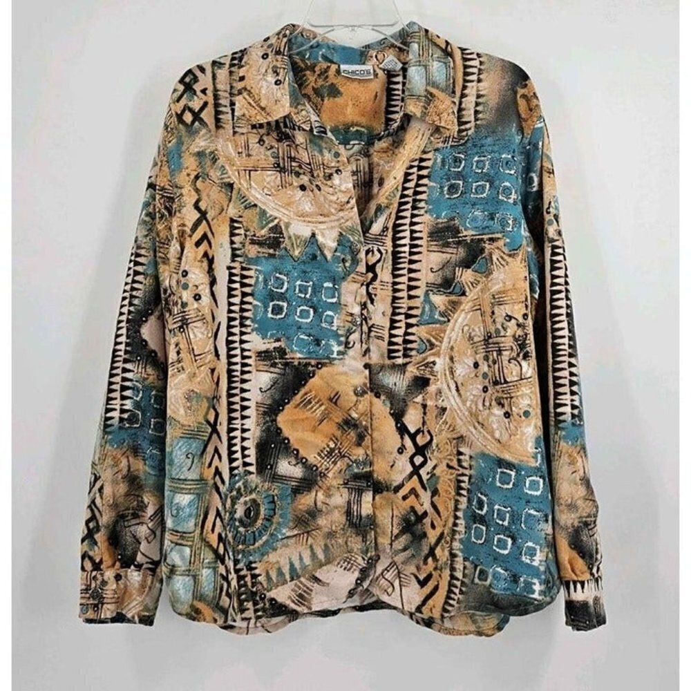 Chicos Southwestern Button Up Top Brown Blue Colored Suede Feel Shirt Sz 3 = L